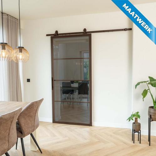 Stalen Schuifdeur - 4 Vlaks - Brons - Maatwerk - Rook glas, Doe-het-zelf en Bouw, Raamkozijnen en Schuifdeuren, Nieuw, Inclusief glas