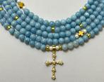 Collier long en Aiguemarine Naturelle avec Croix de Perles