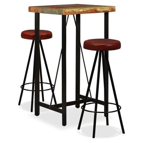 vidaXL Barset massief gerecycled hout en echt leer 3-delig, Huis en Inrichting, Complete eetkamers, Nieuw, Verzenden