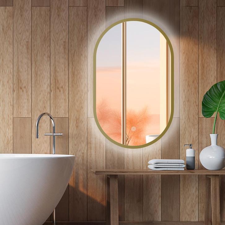 LED spiegel ovaal met goud metalen frame - 500x900mm, Huis en Inrichting, Woonaccessoires | Spiegels, Nieuw, Ovaal, Verzenden