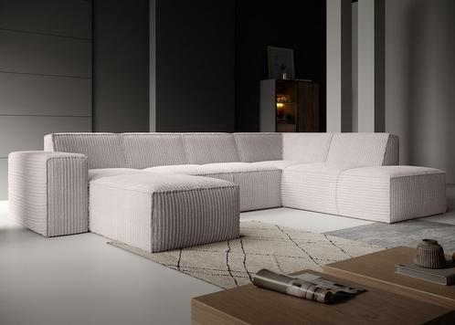 Hoekbank - Beige - Fluffy - Ribstof - Links | 261x216x80, Huis en Inrichting, Zetels | Complete zithoeken, Nieuw, Verzenden