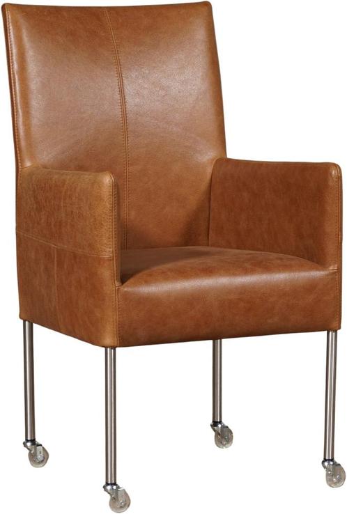 Cognac leren moderne eetkamerstoel - poot rond inox met wiel, Huis en Inrichting, Stoelen, Overige kleuren, Eén, Nieuw, Leer, Ophalen of Verzenden