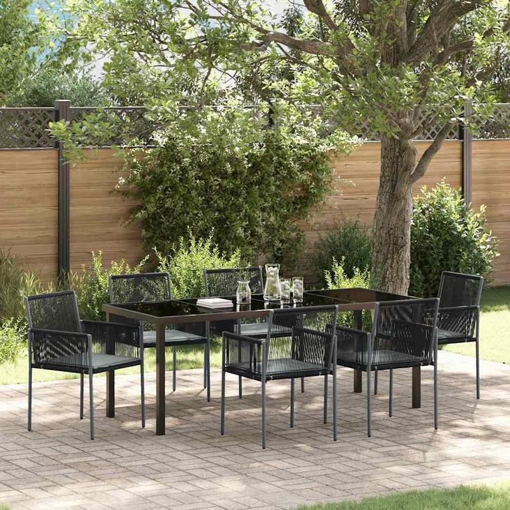 vidaXL Tuin Eettafel Set 7 pcs Zwart PE Riet, Tuin en Terras, Tuinsets en Loungesets, Nieuw, Verzenden