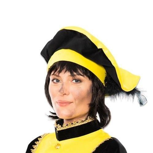Pietenbaret Fluweel Met Veer Geel/Zwart, Hobby en Vrije tijd, Feestartikelen, Nieuw, Verzenden