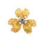 18 Krt. Gouden broche met saffier en diamant; 0,20 ct. |..., Handtassen en Accessoires, Broches, Gebruikt, Overige kleuren, Ophalen of Verzenden
