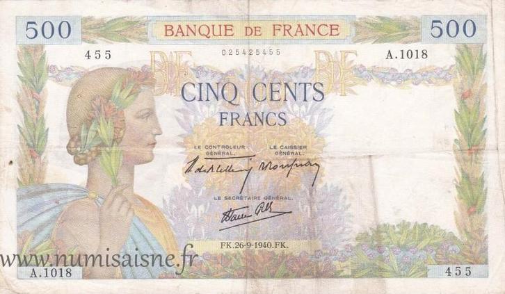 France Frankreich F 32/06 500 Francs La Paix 26/09/1940 A..., Postzegels en Munten, Bankbiljetten | Europa | Niet-Eurobiljetten