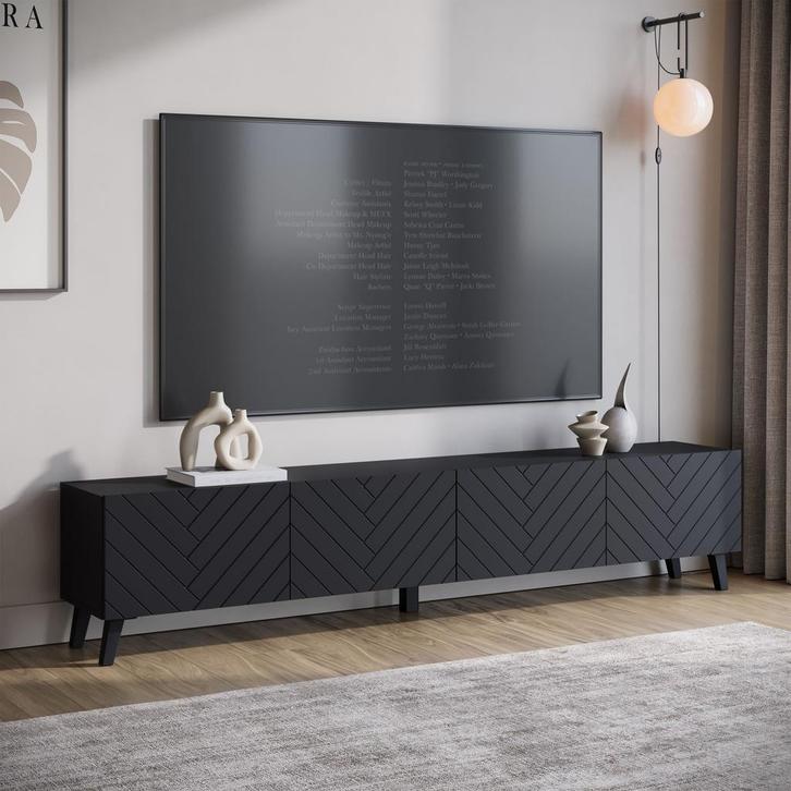 Meubella | TV-Meubel zwart 190cm | Visgraat kleppen TV kast, Huis en Inrichting, Kasten |Televisiemeubels, 25 tot 50 cm, Nieuw