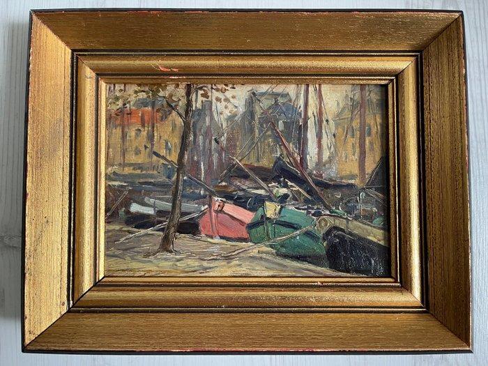 Hollandse School (XX) - Binnenvaart schepen in de haven van, Antiek en Kunst, Kunst | Schilderijen | Klassiek