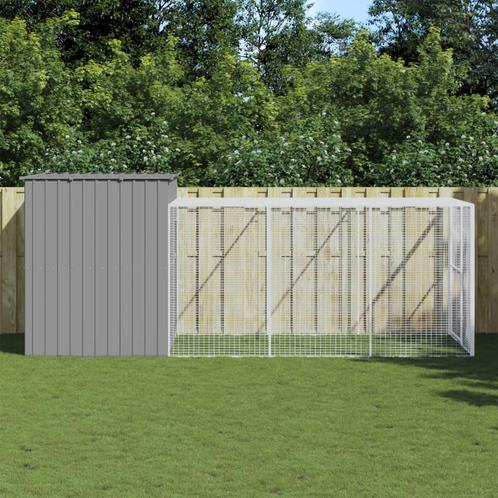 vidaXL Hondenhok met ren 214x457x181 cm staal lichtgrijs, Dieren en Toebehoren, Hondenhokken, Nieuw, Verzenden