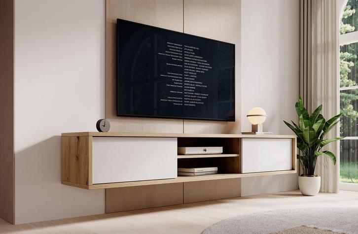 Meubella TV-Meubel Fortunato eiken wit 180 cm, Huis en Inrichting, Kasten |Televisiemeubels, 25 tot 50 cm, Nieuw, 150 tot 200 cm