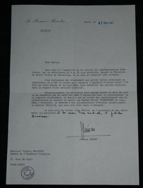 Jacques Chirac - Lettre dactylographiée autographe signée, Verzamelen, Film en Tv