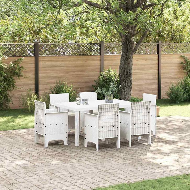 vidaXL Tuin Eettafel Set 7 pcs Wit Polt riet, Tuin en Terras, Tuinsets en Loungesets, Nieuw, Verzenden