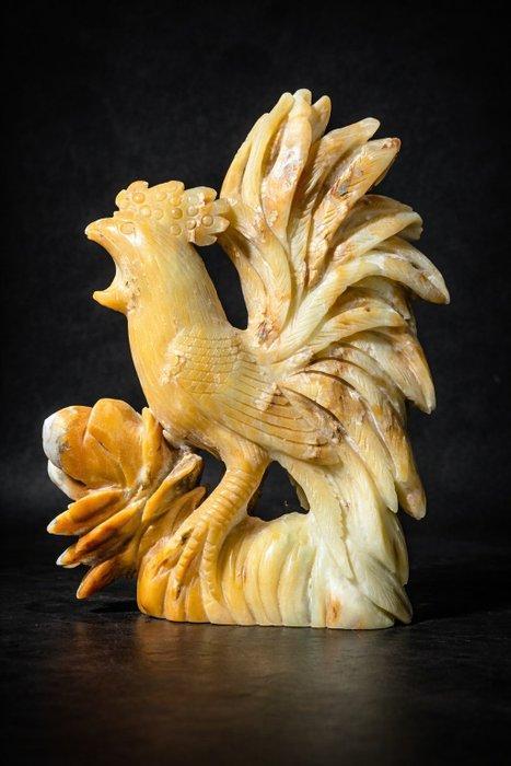 Gouden Gele Aragoniet Haan Beeldhouwwerk met Bloemaccent -, Collections, Minéraux & Fossiles