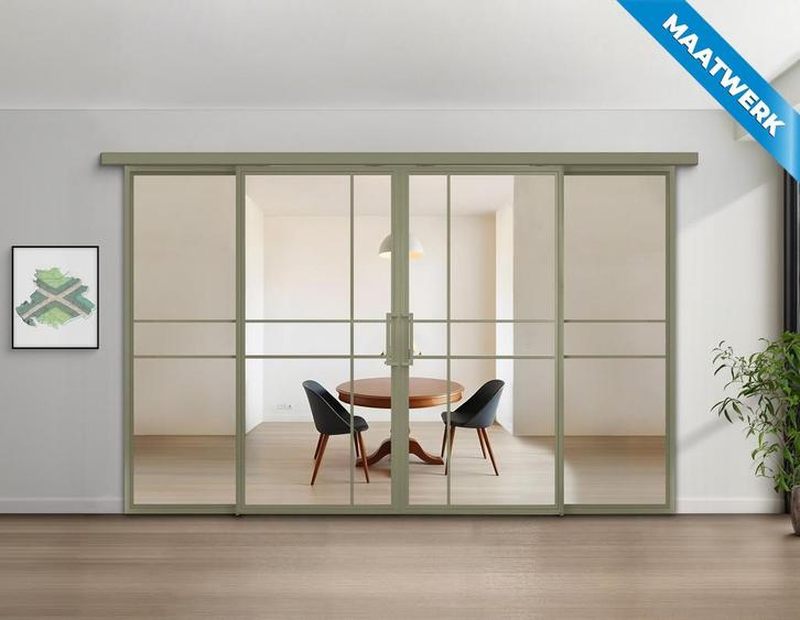 Dubbele stalen Schuifdeuren met koofsysteem en glaspanelen 6, Doe-het-zelf en Bouw, Raamkozijnen en Schuifdeuren, Nieuw, Inclusief glas