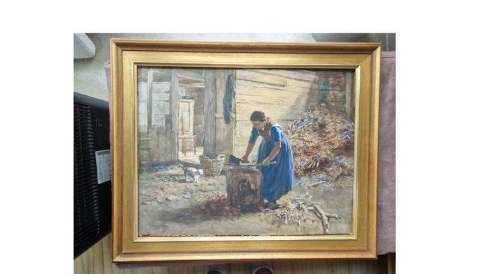 Hendrik Valkenburg (1826-1896) - Frau und die Katze, Antiek en Kunst, Kunst | Schilderijen | Klassiek