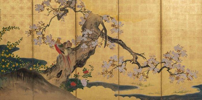 Byôbu  (vouwscherm) - goudblad, gelakt hout, zijde - In, Antiquités & Art, Antiquités | Autres Antiquités