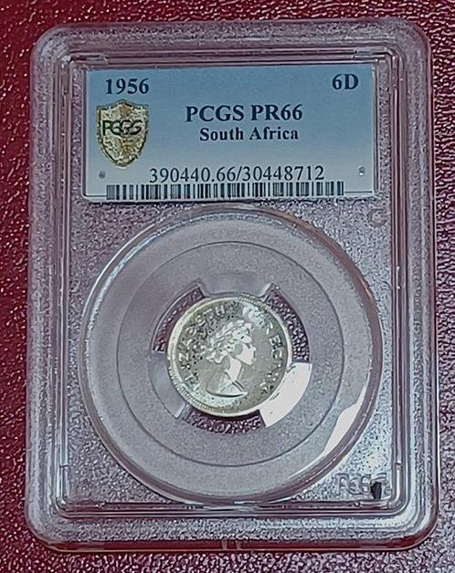Afrique du Sud. 6 Pence 1956 - PCGS PF66 - MINTAGE 1,700 2ND, Postzegels en Munten, Munten | Europa | Niet-Euromunten
