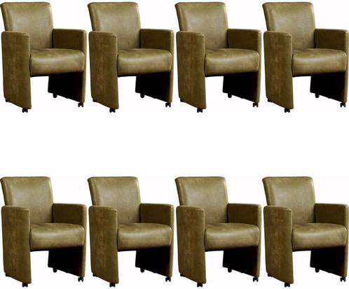 Set van 8 Leren eetkamerfauteuils met armleuning en wieltjes, Huis en Inrichting, Stoelen, Overige kleuren, Vijf, Zes of meer stoelen