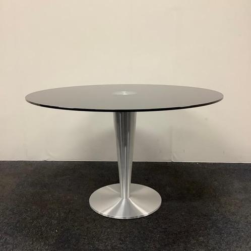 Tweedehands design ronde glazen tafel doorsnede 120 cm,, Huis en Inrichting, Tafelonderdelen, Gebruikt