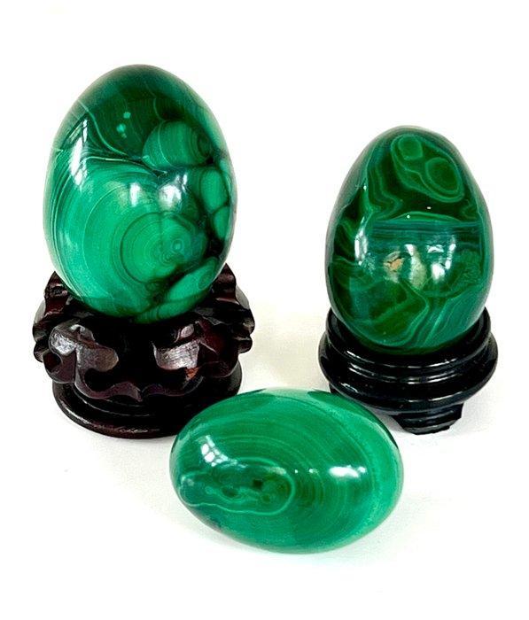 Decoratief ornament (3) - 3 Malachiet Eieren Congo - Congo -, Verzamelen, Mineralen en Fossielen