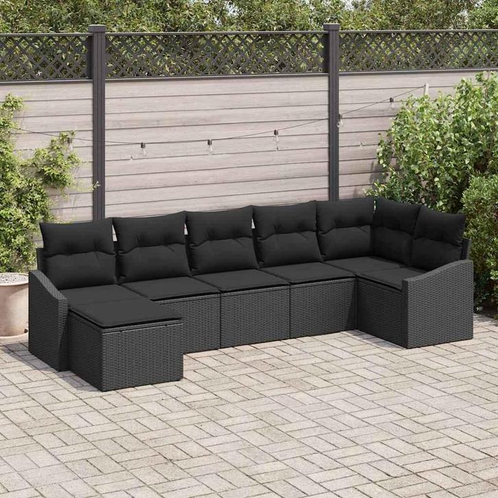 vidaXL Tuinbank Set 7 pcs Zwart Poly rattan, Tuin en Terras, Tuinsets en Loungesets, Nieuw, Verzenden