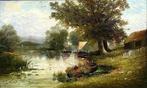 D. Morris (XIX) - Fishing by the rivers edge, Antiek en Kunst