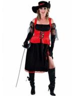 Dames piraat musketier kostuum zwart met rode gilet, Ophalen of Verzenden