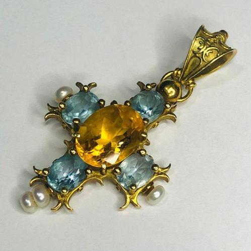 Kruishanger - 18 karaat Geel goud Topaas - Parel, Handtassen en Accessoires, Antieke sieraden