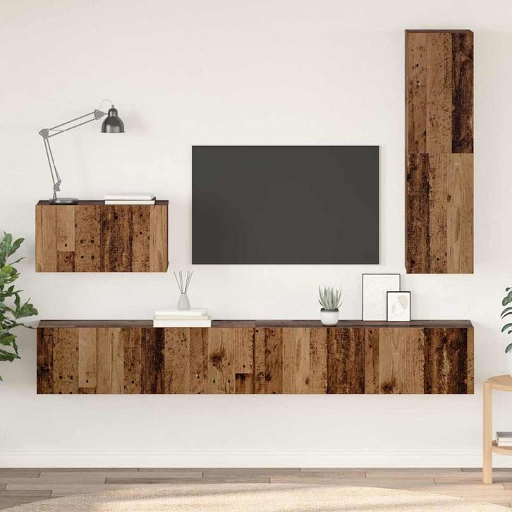 vidaXL Wand TV Kast Wandgemonteerd 4 pcs Oud Hout Bewerkt, Huis en Inrichting, Kasten |Televisiemeubels, Nieuw, Verzenden
