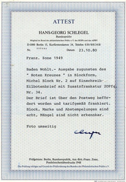 Baden - Franse zone 1949 - Blok Rode Kruis op brief met, Postzegels en Munten, Postzegels | Europa | Duitsland