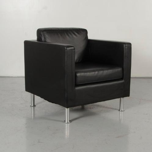 Frontseat fauteuil, zwart leder, 4-poot onderstel, Huis en Inrichting, Fauteuils, Gebruikt, Ophalen of Verzenden