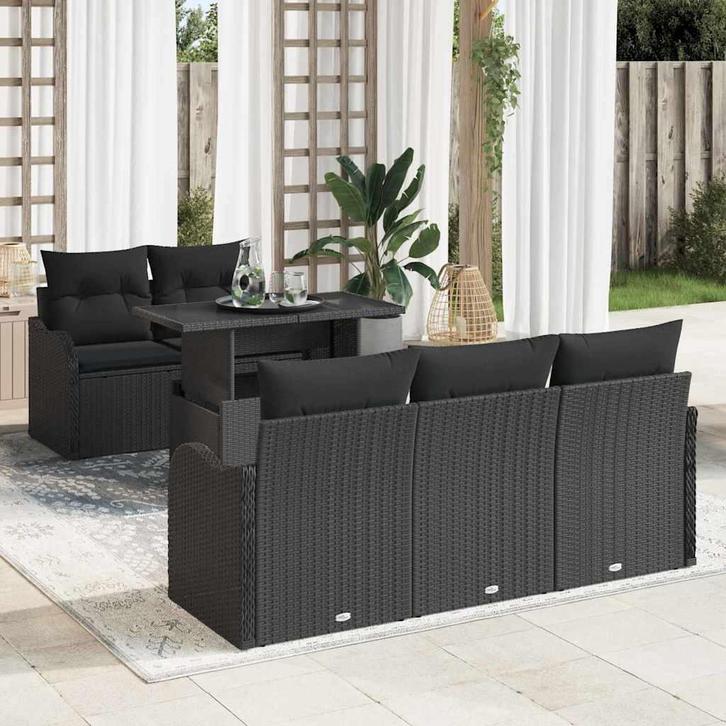 vidaXL Tuinbank Set met kussen 6 pcs Zwart poly rattan, Tuin en Terras, Tuinsets en Loungesets, Nieuw, Verzenden