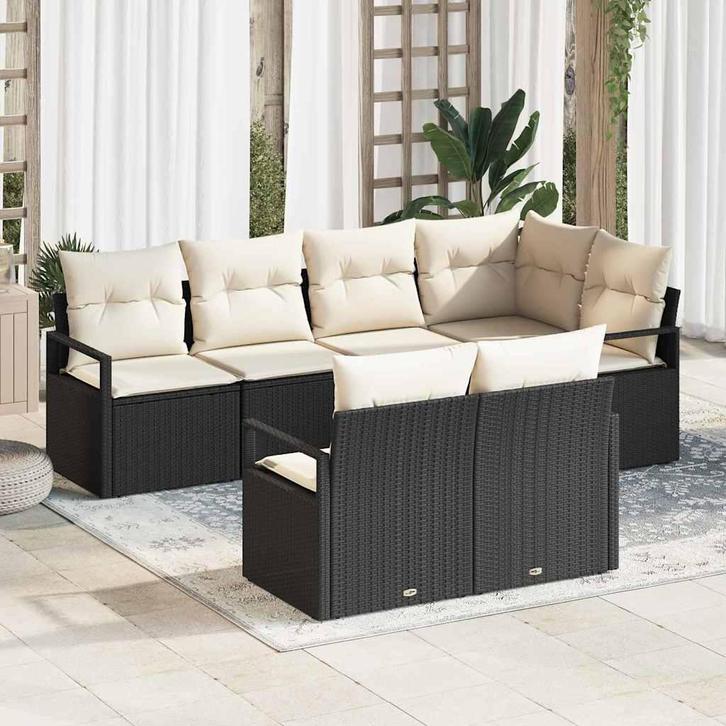 vidaXL Tuinbank Set met kussen 7 pcs Zwart en Wit poly, Tuin en Terras, Tuinsets en Loungesets, Nieuw, Verzenden