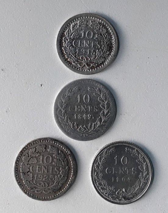 Nederland. 10 Cents 1849 (punt), 1904, 1915, 1925. Willem II, Postzegels en Munten, Munten | Nederland