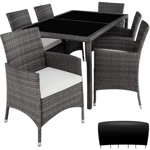 tectake Wicker zitgroep 6 + 1 met beschermhoes - grijs/wit, Tuin en Terras, Tuinsets en Loungesets, Verzenden