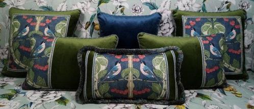 Kussensloopset met stof Vogels en kersen door GP & J, Antiek en Kunst, Kunst | Designobjecten