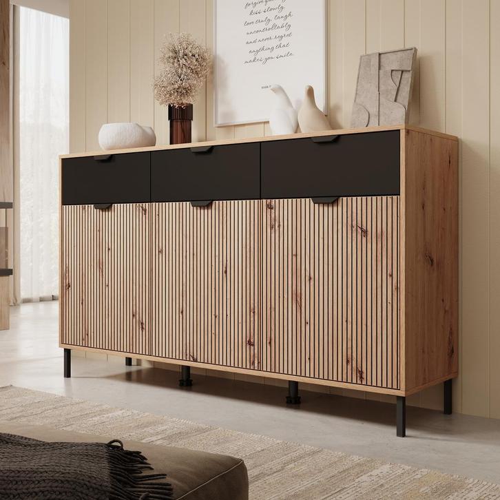 Meubella | Dressoir eiken zwart 157cm 3 lades - Opbergkast, Huis en Inrichting, Kasten | Dressoirs, 25 tot 50 cm, Nieuw, 150 tot 200 cm