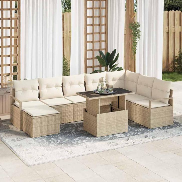 vidaXL Tuinbank Set met opslag 9 pcs Beige Poly rattan, Tuin en Terras, Tuinsets en Loungesets, Nieuw, Verzenden