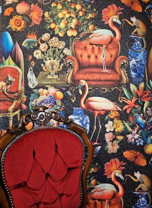 Textiel Vases Paradise met apen en flamingos -, Antiek en Kunst, Antiek | Tapijten, Tafelkleden en Textiel