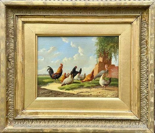 Albertus Verhoesen (1806-1881) - Rooster With Hens and, Antiek en Kunst, Kunst | Schilderijen | Klassiek