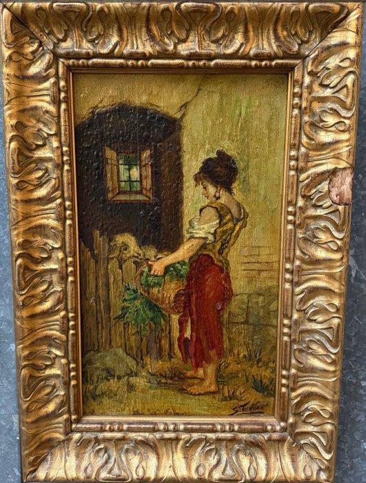 Santos Torres (XX) - Joven campesina en el umbral, Antiek en Kunst, Kunst | Schilderijen | Klassiek