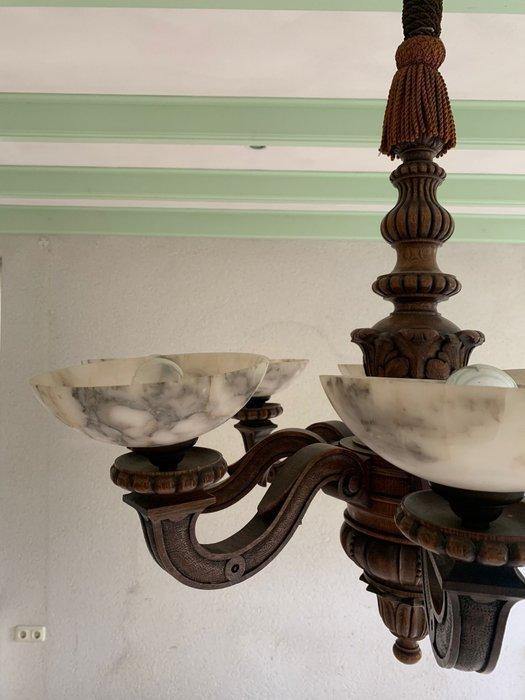 Plafondlamp - Hout, Glas, Albast - Vintage houten, Antiek en Kunst, Curiosa en Brocante