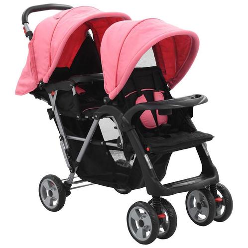 vidaXL Kinderwagen dubbel staal roze en zwart, Enfants & Bébés, Poussettes & Combinaisons, Envoi