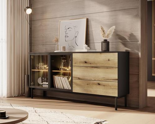 Meubella | Dressoir zwart eiken 180cm met LED-verlichting, Huis en Inrichting, Kasten | Dressoirs, 25 tot 50 cm, Nieuw, 150 tot 200 cm