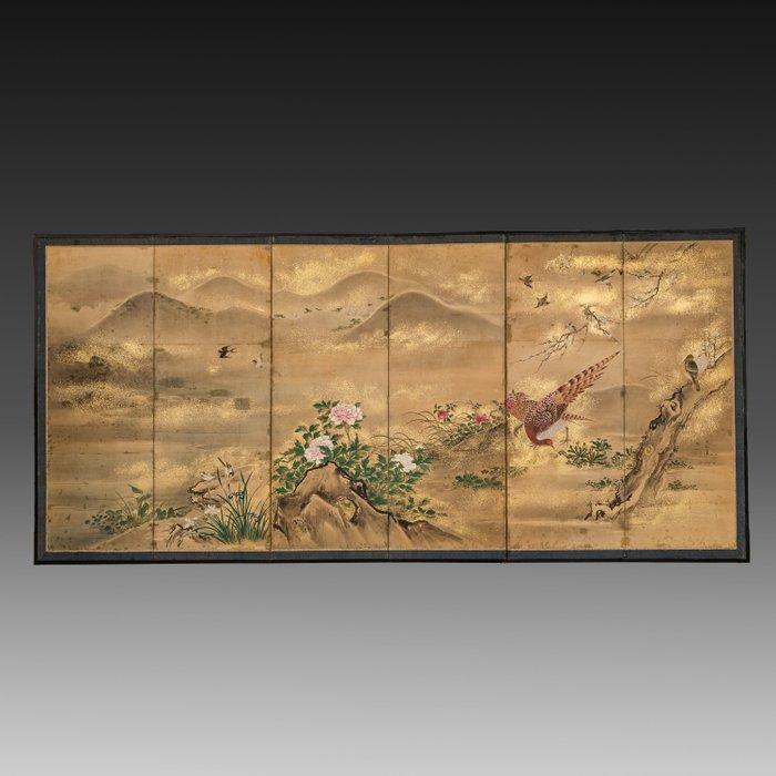 Byôbu  (paravent pliant) - Soie, Papier, Feuille dor,, Antiek en Kunst, Antiek | Overige Antiek