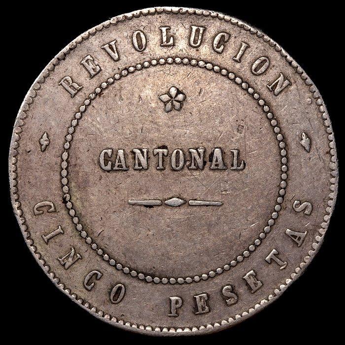 Spanje. Revolución Cantonal. 5 Pesetas 1873 / Cartagena, Postzegels en Munten, Munten | Europa | Niet-Euromunten