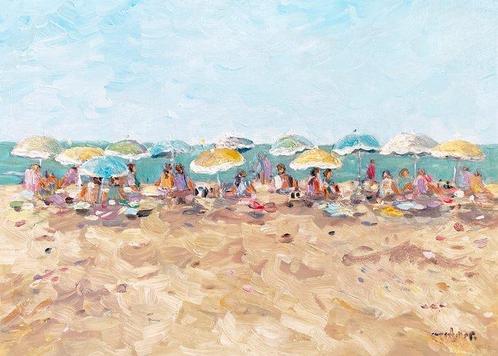 Cor Schaap (1968) - Strandgezicht met parasols aan de, Antiquités & Art, Art | Peinture | Moderne