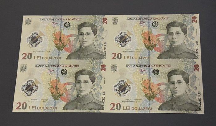 Roemenië. - 4 x 20 Lei 2025 - uncut sheet of 4 - Pick 119Ac1, Timbres & Monnaies, Billets de banque | Europe | Billets non-euro