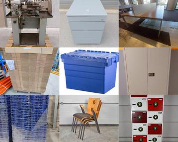 Roldeurkast, magazijnbak, verhuisbak, kantoor, stoelen beschikbaar voor biedingen