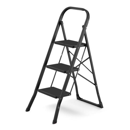 Huishoudtrap 3 treden - stalen ladder - opvouwbaar - zwart, Doe-het-zelf en Bouw, Ladders en Trappen, Nieuw, Ophalen of Verzenden